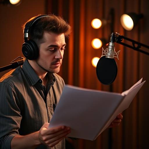 Artista di voiceover che legge uno script davanti a un microfono