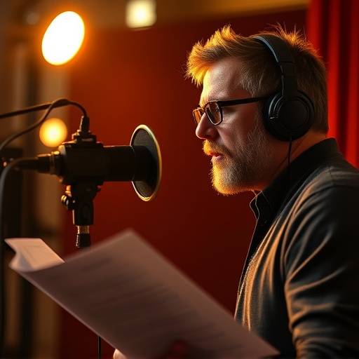 Attore di voice-over davanti al microfono che legge uno script per la pubblicit√† di 'Tortellini Armando'