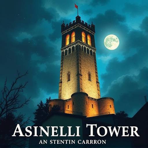 Copertina dell'audiolibro 'Il Mistero della Torre degli Asinelli' con un'illustrazione della torre