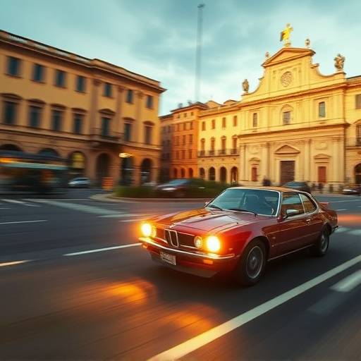 Screenshot del videogioco 'Bologna Vice' con l'auto che sfreccia in Piazza Maggiore
