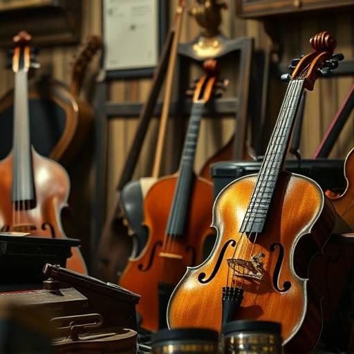 Screenshot di un documentario sulla storia della musica bolognese con strumenti musicali sullo sfondo